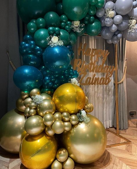 Balloons decoration Ideas With Balloons, Blue Party Decor, Balloons And Flowers, Post Prom, Balloons Decor, Gold Party Decorations, Party Decor Ideas, Blue Party, Gold Party