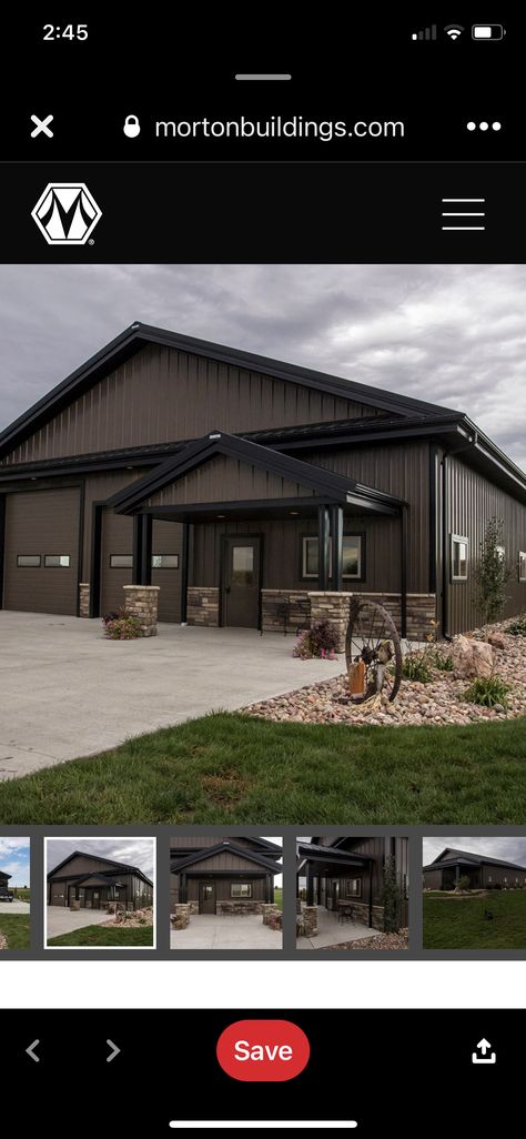 Tan And Black Metal Shop, Metal Shop Color Schemes, Grey And Black Metal Building, Charcoal Grey Metal Building, Burnished Slate Metal Building With Black Trim, Steel Building Color Combinations, Metal Building Exterior Colors Schemes, Taupe Barndominium Exterior, Charcoal Metal Building