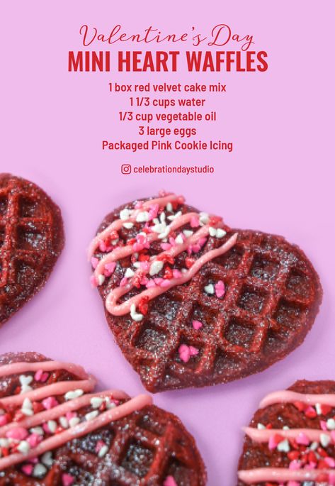 Mini Heart Waffles, Waffle Valentine, Valentines Waffles, Waffle Decoration Ideas, Valentine Waffles, Valentines Meals, Valentines Bunco, Cake Mix Waffles, Mini Heart Cake