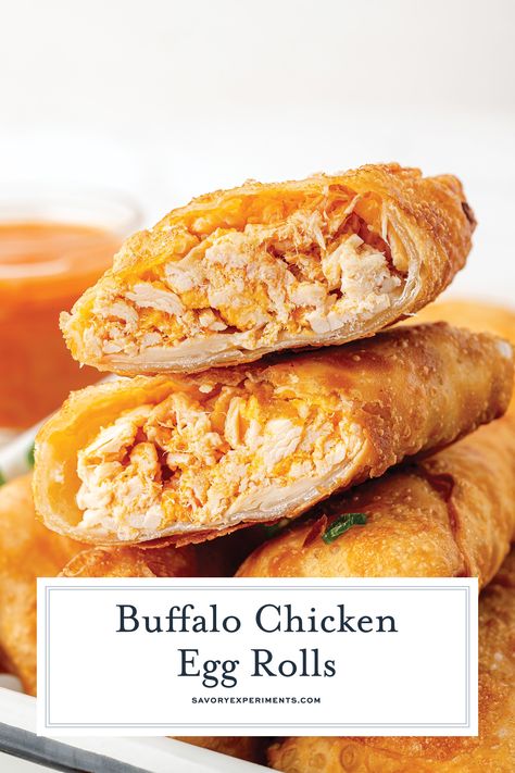 This EASY Buffalo Chicken Egg Rolls recipe combines cheesy buffalo chicken with the crispy goodness of a perfectly fried egg roll wrapper! Buffalo Chicken Egg Rolls Baked, Recipes With Egg Roll Wrappers, Eggroll Wrapper Recipes, Rolled Dumplings Recipe, Chicken Egg Rolls Recipe, Recipes Using Egg Roll Wrappers, Cheeseburger Egg Rolls Recipe, Egg Rolls Baked, Buffalo Chicken Egg Rolls