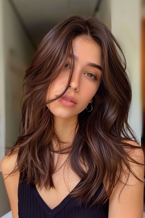 Chocolate Brown Chic: Stunning Hair Color Inspirations Beautiful Dark Brown Hair, Dark Brown Hair Color Ideas, Chocolate Brown Hair Color Ideas, Pelo Chocolate, Hair Color For Brown Skin, Mocha Hair, Brown Hair Color Ideas, Hair Color Chocolate, Chocolate Brown Hair Color