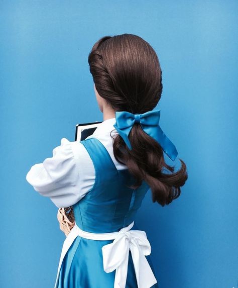 Belle Hairstyle Disney, Belle Inspired Hair, Princess Belle Hair, Belle Blue Dress, Disney Princess Hair, Belle Hair, Belle Makeup, Nails Disney, Drawing Disney