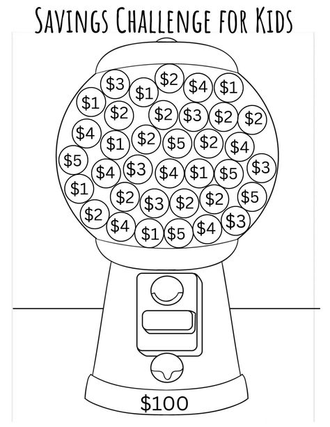 Teach your children good saving habits with this fun Savings Challenge! Pick a gum ball to color in and have your child save that amount! Before they know it, they will have a full, colorful gum ball machine AND a great start to their savings.... $100! **This is a digital product you print at home or a local print shop** Fun Budgeting Ideas, Fun Savings Challenge Games, 1200 Savings Challenge, 2024 Saving Challenge, Kids Savings Challenge, Savings Challenge For Kids, Fun Journal Ideas, Saving Money Challenge, Savings For Kids