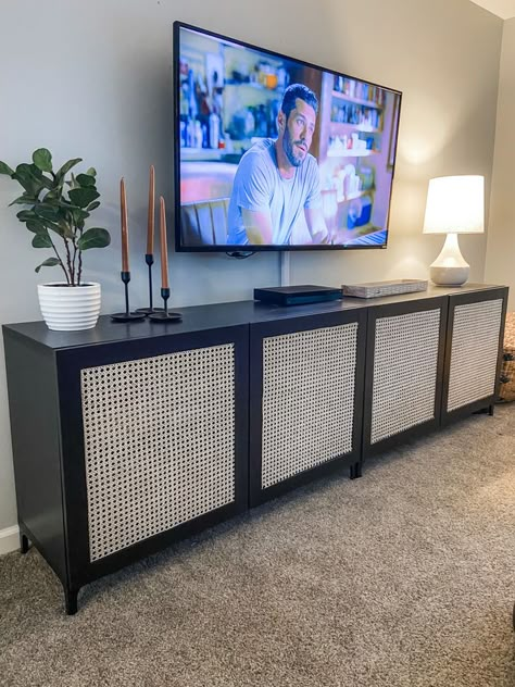 Ikea Hack For Tv Stand, Ikea Furnished Apartment, Ikea Diy Media Console, Ikea Tv Entertainment Center Ideas, Ikea Tv Console Table, Tv Unit Decor Ikea, High Tv Stand Ideas For Living Room, Ikea Tv Console Hack Living Room, Media Console Ikea Hack