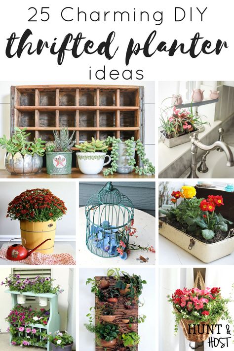 Browse through these charming thrifted planter ideas to add some unique whimsy to your house plant ideas. They are perfect for house plants on a budget! #houseplants #charming #thriftedplanter #houseplant #plantlady Homemade Planters Indoor, Creative Plant Pots Diy, Inexpensive Planter Ideas, Alternative Plant Pot Ideas, Houseplant Pots Ideas, Thrifted Planter Ideas, Plant Tray Ideas, Diy Unique Planter Ideas, Unique Indoor Planter Ideas