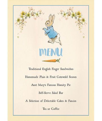 Beatrix Potter Tea Party, Beatrix Potter Baby Shower Ideas, Beatrix Potter Birthday Party, Peter Rabbit Theme Party, Peter Rabbit Birthday Party, Beatrix Potter Birthday, Book Themed Birthday Party, Birthday Party Menu, Peter Rabbit Cake