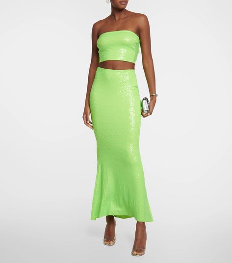 Sequined tube top Green Sequins, Norma Kamali, Green Material, Green Skirt, Sequin Top, Color Names, Neon Green, Tube Top, Maxi Skirt