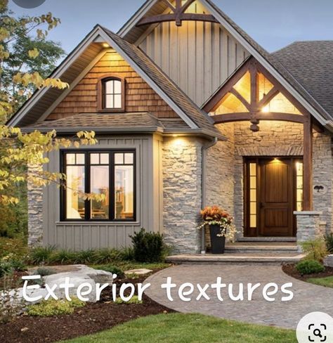 Exterior House Peak Lighting, Shaker Siding In Peaks, Arched Gables On House Exterior, Home Exterior With Wood Accents, Farmhouse Siding Exterior Colors, Board And Batten With Shaker Siding, Stone Elevation House, Taupe Farmhouse Exterior, White House Cedar Accents