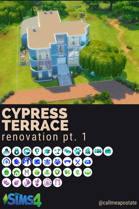 The one where I renovate Cypress Terrace. Part 1. ⭐Available in gallery! Cypress Terrace Reno. 🆔Gallery ID: callmeapostate 🏠4 bed, 4 bath 📐Lot Dimensions: 40x30 💰$239,758 🛠️No CC and no mods! ✅Play tested! Packs used: 🤍EP: High School Years, Cottage Living, Snowy Escape, Eco Lifestyle, Discover University, Island Living, Seasons, Cats & Dogs, City Living, Get Together, and Get to Work. 💙GP: My Wedding Stories, Dream Home Decorator, Journey to Batuu, Realm of Magic, Jungle Adven... Cypress Terrace Sims 4, Magic Jungle, Terrace Renovation, Snowy Escape, Eco Lifestyle, Wedding Stories, High School Years, Willow Creek, The One Where