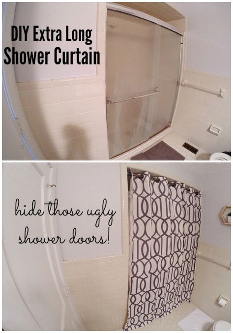 DIY super long shower curtain - how to hide those ugly shower doors! Curtain Over Shower Door, Shower Curtain Over Glass Door Ideas, Glass Door Makeover, Rental Bathroom Makeover, Rental Bathroom, Diy Shower Curtain, Door Makeover Diy, Extra Long Shower Curtain, Rental Ideas