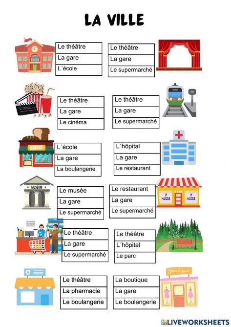 La ville interactive activity for 6º. You can do the exercises online or download the worksheet as pdf. French Language Learning Kids, French Lessons For Beginners, Free French Lessons, French Language Basics, Learning French For Kids, French Basics, French Flashcards, Basic French Words, French Teaching Resources