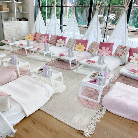 We had the most delightful time celebrating sweet Maddie with a preppy-themed sleepover party in San Jose, California! 🌸💖 The night was filled with soft plush pillows, a beautiful palette of pinks and whites, cozy fluffy sleepers, and white lace tents that added a touch of whimsy to the evening. 💤✨ . . . @the.sleepover.co . . . #bayareasleepover #sleepoverparty #sleepoverideas #bayareakidsparty #slumberparty #slumberparties #teepeeparty #teepeesleepover #houston #houstonmoms #houstonkids #ho... Slumber Party Decorations, Sleepover Room, Party Tent Rentals, Birthday 13, Sleepover Tents, Birthday Sleepover Ideas, Slumber Party Birthday, Indoor Tents, Birthday Sleepover