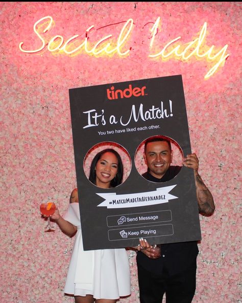 Tinder Bachelorette Party, Tinder Engagement Party, Its A Match Tinder Wedding, Love At First Swipe Engagement Party, Tinder Themed Party, Tinder Themed Wedding, Tinder Wedding Ideas, Tinder Costume, Tinder Wedding