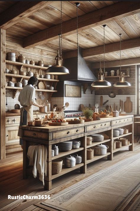 Rustic kitchen with open shelving, displaying vintage kitchenware and creating a warm, cozy atmosphere. Kitchen With Wooden Shelves, Open Kitchen Restaurant Design Ideas, Kitchen Restaurant Design, Wooden Kitchens, Castle Kitchen, Kitchen Knife Block, Kitchen With Open Shelving, Country Kitchen Island, Earthy Kitchen