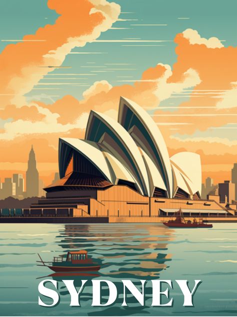 Vintage Travel Posters Australia, Sydney Illustration, Kai Carpenter, Teal And Peach, Landmark Poster, Posters Australia, Wanderlust Decor, Wanderlust Art, الفن الرقمي