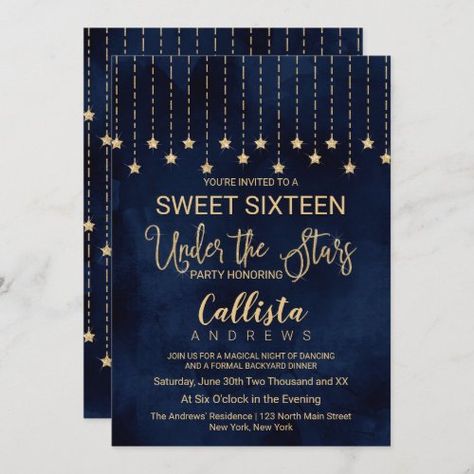 Under The Stars Navy Blue Gold Sparkles Sweet 16 Invitation #zazzle #weddinginvitations #birthdayinvitations #babyshowerinvitations #zazzleinvitations #monogram #businesscards #graduation #homedecor Stars Quinceanera Theme, Under The Stars Quinceanera Theme, Under The Stars Sweet 16, Midnight Theme, Elegant Sweet 16, 16 Birthday Party Invitations, Glitter Sweet 16, Watercolor Night Sky, A Night Under The Stars