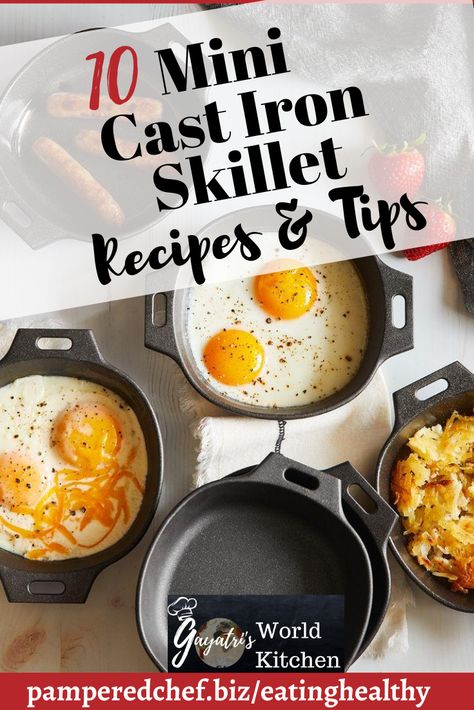 Cast iron cooking has seen a comeback and has endured because of its versatility in the kitchen. Any time you can go mini with your recipes, the results aren’t just adorable, they’re delicious. Whether you’re cooking for two, or going camping, Pampered Chef's Mini Cast Iron Skillet set may be the answer. Make individual-sized desserts, cornbread, side dishes, mini pizzas with crispy crusts, campfire breakfast eggs, sausages, frittatas, hashbrowns, crispy veggies, dips, and tasty appetizers. Mini Skillet Breakfast, Mini Cast Iron Skillet Appetizers, Mini Cast Iron Dutch Oven Recipes, Small Skillet Dessert, Mini Iron Skillet Recipes, 6 Inch Cast Iron Skillet Recipes, Pampered Chef Cast Iron Skillet Recipes, Mini Cast Iron Desserts, Individual Skillet Recipes