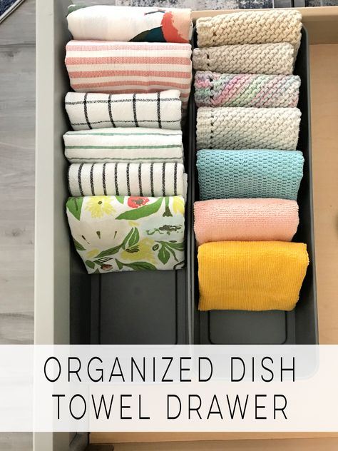 Kitchen Towel Storage Ideas Drawers, Storing Dish Towels, Towel Storage Kitchen, Organize Paper Towels, Sheet And Towel Organization, How To Organize Kitchen Towels, Organizing Kitchen Towels, How To Organize Dish Towels, Where To Hide Paper Towels In Kitchen