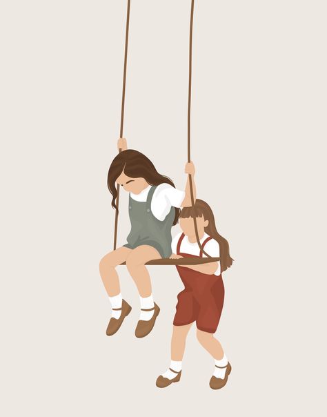 Sisters Illustration Two, Two Sisters Drawing, Sister Drawings, Sisters Cartoon, Sister Illustration, Memories Drawing, Memories Illustration, Sisters Illustration, Swing Illustration