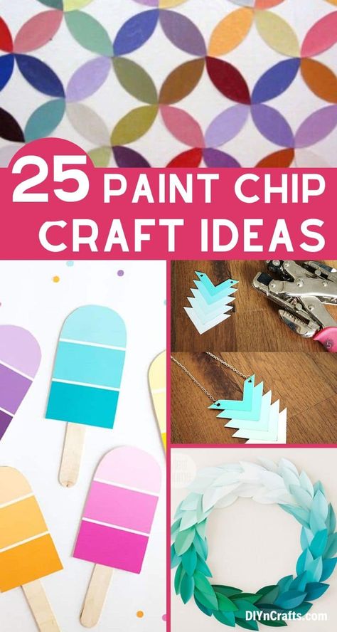 25 Brilliant Paint Chip Crafts For Home Decor And More! Turn paint chips into these amazing ideas! Make a colorful wreath, fun coasters, name cars, and even DIY jewelry all using scrap paint chips from your local hardware store! #paintchips #paintchipcrafts #homedecor #diy #handmade #repurpose #upcycle #reuse #decorating Paint Sample Art, Paint Chips Diy, Paint Samples Crafts, Paint Swatch Art, Paint Chip Cards, Paint Sample Cards, Paint Chip Crafts, Crafts For Home Decor, Paint Chip Art