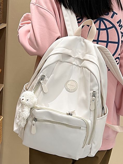 Beige  Collar  Acrylic Plain Classic Backpack Embellished   Women Bags Tas Aesthetic, Backpack With Pins, Cute School Bags, Stylish School Bags, Women Backpack Fashion, Aesthetic Backpack, My Style Bags, White Backpack, Aesthetic Bags