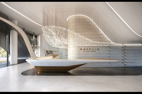 Image 11 of 11 from gallery of Zaha Hadid Architects Reveal Residential Tower in Melbourne Inspired by Australia's Natural Forms. © Mr P Studios Zaha Hadid Interior, Zaha Hadid Architecture, Zaha Hadid Design, Hotel Lobby Design, Reception Desk Design, Hotel Inspiration, Lobby Interior, Futuristic Interior, Zaha Hadid Architects