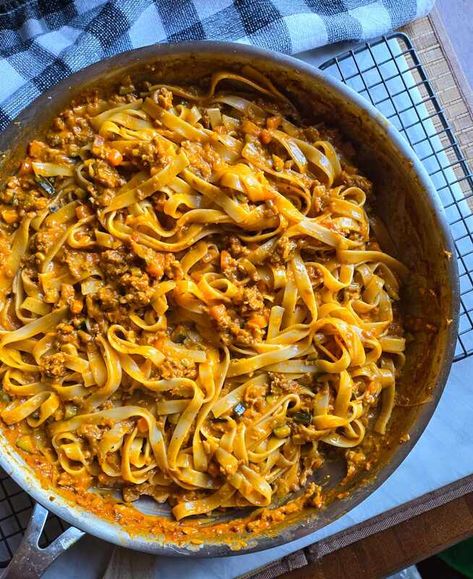 Tagliatelle Bolognese Tagliatelle Bolognese, Tagliatelle Pasta, Red Pesto, Cracked Pepper, Veg Recipes, Fresh Thyme, Yellow Onion, Fresh Basil, How To Cook Pasta