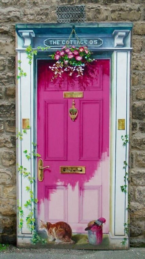 happily-installed-colorful-door-designs-yes-trend-back Faux Door, Pink Entryway, Pink Doors, Door House, Cottage Door, Painted Door, Porte Cochere, Pink Door, House Names