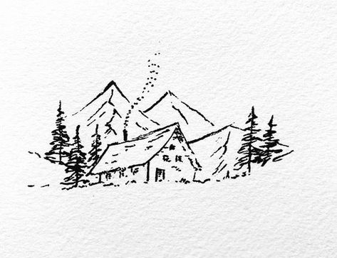 Cabin Tattoo, Mountain Sketch, Tattoo Appointment, Shirakawa Go, Forest Drawing, Cabin In The Mountains, Nature Art Drawings, Mountain Drawing, Architecture Drawing Art