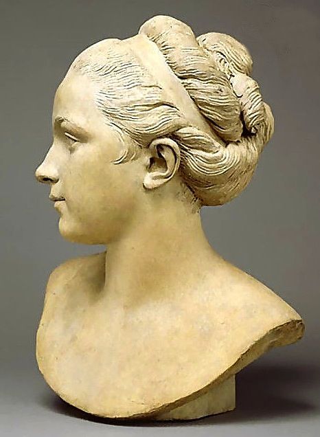 Bust of woman with twisted hair arrangement. Hairstyle Photography, Twisted Hair, Sculpture Head, Classic Sculpture, Antique Sculpture, French Sculptor, Sculptures Céramiques, Bust Sculpture, Getty Museum