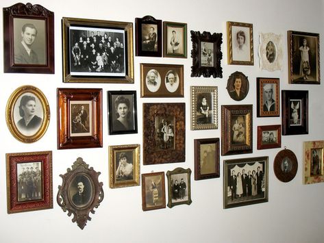 I love old photos.  Everyone should have a hallway of family memories! Ancestor Picture Wall Ideas, Ancestry Wall, Cottage Photos, History Display, Heritage Wall, Frames Collage, Family Pictures On Wall, Antique Photo Frames, Photo Arrangement