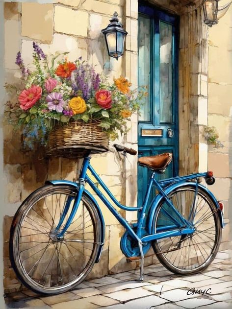 Small House Pictures, Bicycle With Flowers, Cycle Painting, Bicycle Painting, Watercolor Lessons, I Want To Ride My Bicycle, Watercolor Landscape Paintings, Vintage Frame, Year 2000