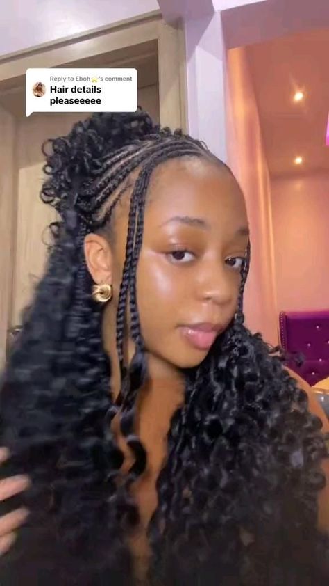 Fulani Braids Inspo 2024, Ways To Style Fulani Braids With Curls, Cornrow Middle Part Braids, Fulani Braids With Crochet Curls, Spring Protective Styles, Fulani Cornrows With Curls, Braided Hairstyles For Black Women With Curls, Fulani Twists With Curls, French Curls Braids Cornrows