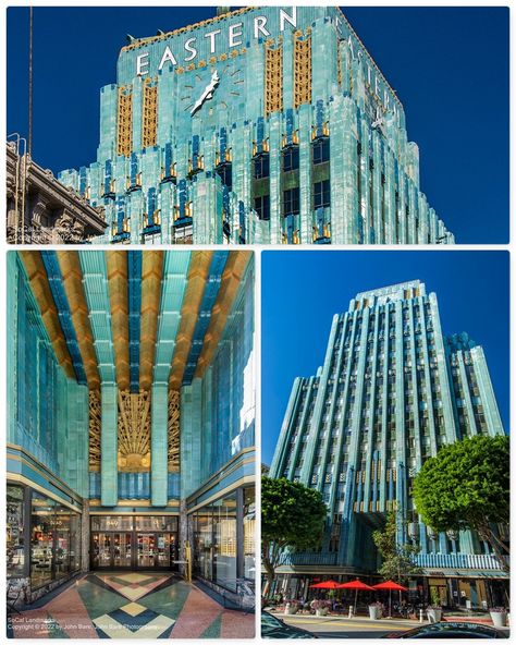 The Eastern Columbia Building, designed by Claud Beelman, opened in Los Angeles on September 12, 1930, after just nine short months of construction. It was built as the new headquarters of the Eastern-Columbia Department Store with Columbia apparel on the lower floors and Eastern furniture and housewares on the upper. It is built of steel reinforced concrete and clad in glossy turquoise terra cotta trimmed with deep blue and gold terra cotta. The City exempted the clock tower from the 150 foot b Old And New Buildings Combined, Famous Buildings Around The World, Most Famous Buildings In The World, Eastern Columbia Building, Us Capitol Building, Small Buildings, Iconic Buildings, Reinforced Concrete, Clock Tower