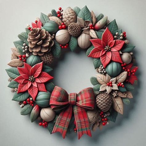 matte ceramic wreath with poinsettia, pinecones, christmas colors and details, bow, country patchwork style, two-dimensional for hanging - Image Creator in Bing Ceramic Wreath, Matte Ceramic, Clay Stuff, Christmas Colors, Poinsettia, Pine Cones, Bing Images, Wreath, The Creator