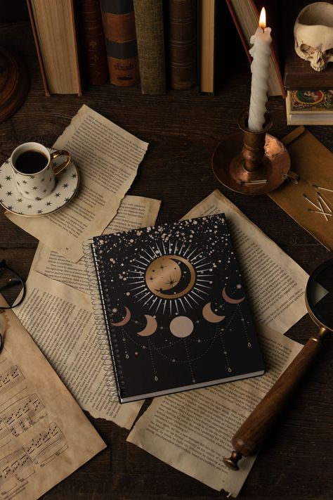 celestial notebook Celestial Writing, Celestial Academia, Moon Phases Aesthetic, Nice Stationary, Soft Academia, Moon Notebook, Boone North Carolina, Bf Love, Slytherin Aesthetic