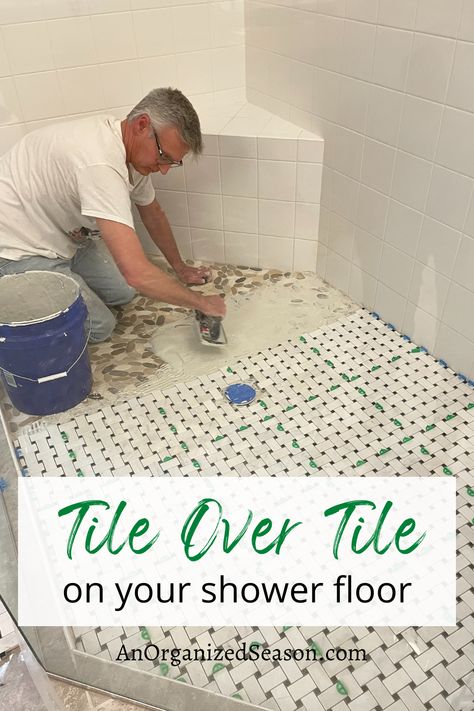 Tile Shower Remodel Diy, How To Change Tile Color, Tile Over Shower Tile, How To Tile Over Tile Bathroom, How To Redo Shower Tile Floor, Laying Tile Over Tile Flooring, Replacing Shower Tile, Tiling A Shower Floor, Retile Shower Floor