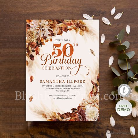 Terracotta Birthday Theme, Burnt Orange Birthday Theme, 65 Birthday, Fall Birthday Invitations, 50th Birthday Invitation, Autumn Invitations, 85th Birthday, Modern Color Schemes, 50th Birthday Invitations