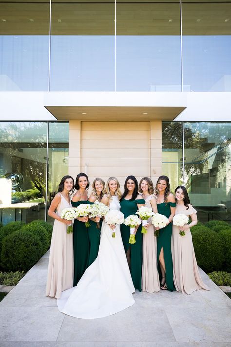 wedding photo of bride in lela rose wedding dress bridesmaids in reformation emerald green and nude dresses Pink Brides Maid Dresses, Mismatched Dresses, Dark Green Bridesmaid Dress, Champagne Bridesmaid Dresses, Emerald Bridesmaid Dresses, Rose Bridesmaid Dresses, Pink Bride, Green Bridesmaid, Pink Bridesmaid Dresses