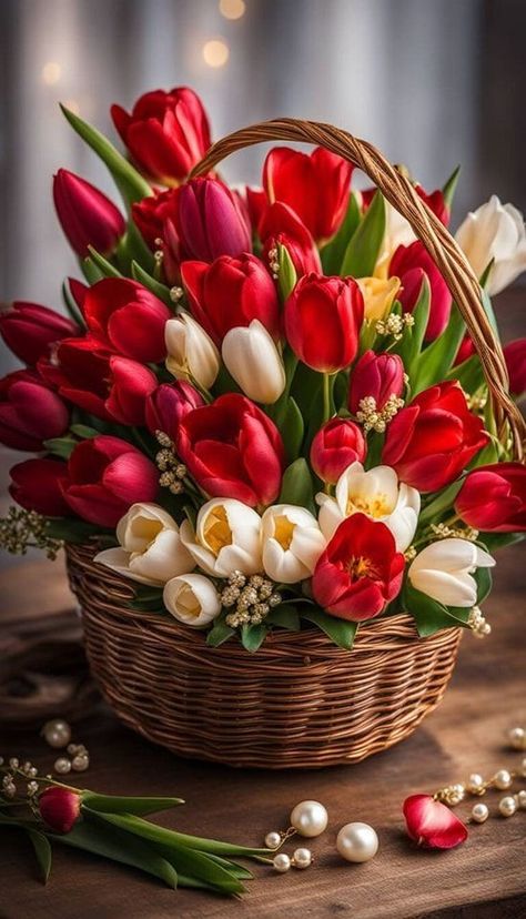 Birthday Flowers Bouquet, Tulips Arrangement, Very Beautiful Flowers, Flower Arrangements Simple, Lovely Flowers Wallpaper, Flower Bucket, Floral Baskets, Wonderful Flowers, Spring Wallpaper