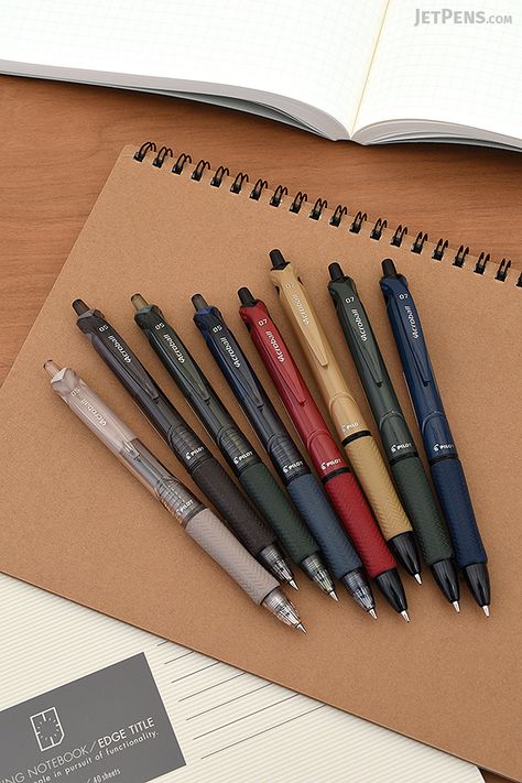 Pilot Acroball M Series Pens contain smooth black ballpoint ink and come in muted body colors like Sepia and Khaki Green. Pilot Pencil, Pilot Mechanical Pencils, Pilot G2 Pens 0.5, Pilot Ballpen, Pen Stationary, Pilot Varsity Fountain Pen, Korean Words Learning, Pilot Pens, Study Stationery