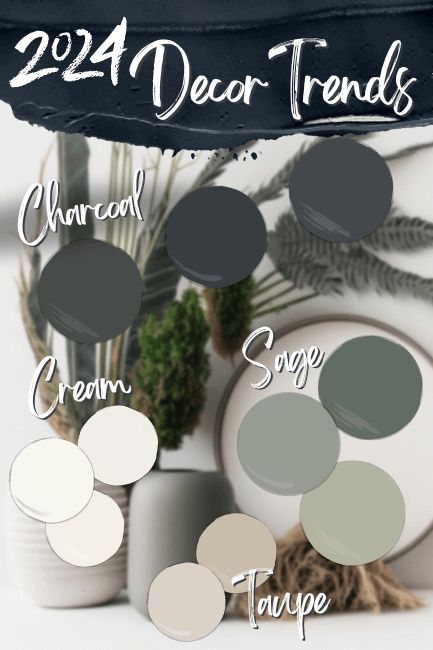 New Paint Colors to Use in 2024 (From Every Brand!) - Mod & Mood Sage Green With Black Accents, One Wall Bedroom Paint Colors, Modern Organic Paint Colors Benjamin Moore, Gray House Color Scheme Interiors, New Build Color Scheme, Cohesive Paint Colors Home, Charcoal Grey And Green, Paint Colors Of The Year 2024, Modern Farmhouse Colors Palette