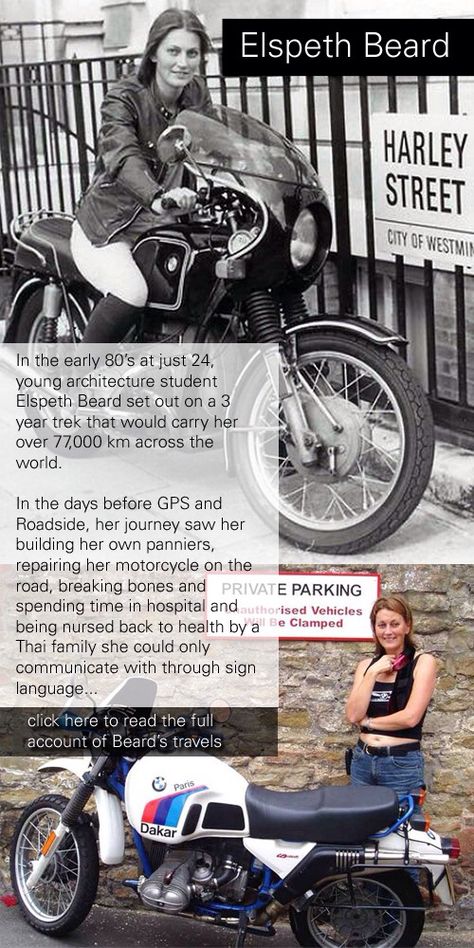 Elspeth Beard, adventure, world travel, inspiration for generations. Elspeth Beard, Lone Rider, Adventure World, Bike Ideas, Adventure Inspiration, Scrambler Motorcycle, Bmw Motorcycles, Architecture Student, Motorcycle Girl