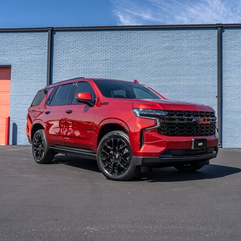 Radiant Red 2023 Chevy Tahoe SUV with black chrome delete trim. Chevy Suv Tahoe, 2023 Chevy Tahoe, Black Tahoe, Red Chevrolet, Chevy Suv, Radiant Red, Chevy Tahoe, Chevrolet Tahoe, Mid Size