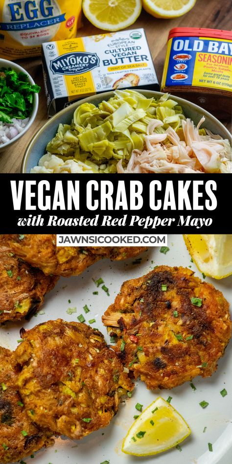 These easy and pantry-friendly Vegan Crab Cakes with Roasted Red Pepper Sauce are a super flavorful vegan crab alternative! Great for snacking, or as a meal, these crab cakes pack a serious flavor punch with jackfruit, hearts of palm, and artichoke hearts! Serve them with the vegan red pepper sauce and a squeeze of lemon for the perfect summertime dinner! Vegan Crab Cakes Hearts Of Palm, Hearts Of Palm Recipes, Vegan Crab Cakes, Crab Cakes Recipe, Veggie Mains, Vegan Crab, Roasted Red Pepper Sauce, Hearts Of Palm, Red Pepper Sauce