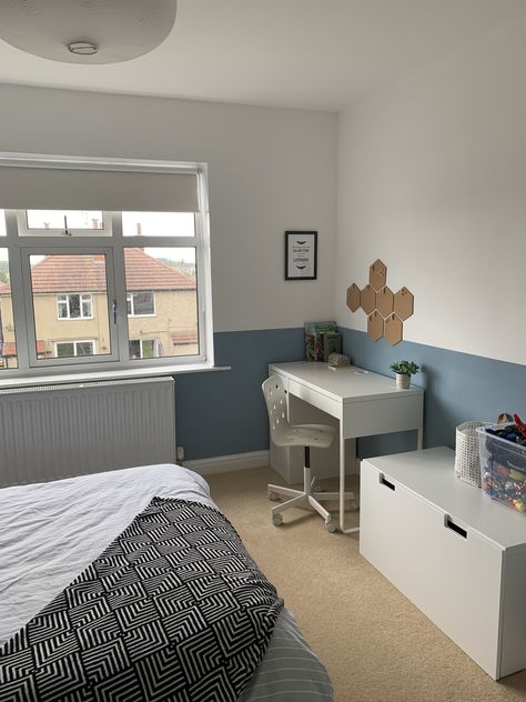 Boys bedroom. Half walls. B&Q Monaco paint. Blue Half Painted Wall, Blue Half Wall Bedroom, Boys Bedroom Blue Walls, Toddler Boy Room Blue Walls, Half Painted Wall Bedroom Blue, Blue Half Wall Paint, Split Painted Walls, Half Painted Wall Bedroom, Boys Room Blue Walls