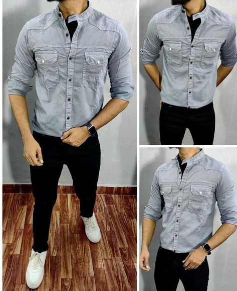 Casual Shirts Outfit, Grey Denim Shirt, Jean Shirt Men, Shirt Outfit Men, Collar Shirt Men, Blue Denim Shirt, Denim Shirt Men, Cargo Shirts, Mens Casual Dress