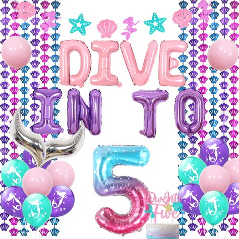 PRICES MAY VARY. Package include：You will get 1*6.06*4.92inch dive into five cake topper, 1*40 inch number 5 foil balloon, 2*18 inch S shape foil balloons, 1*mermaid theme garlands, 18*12inch latex balloons (6*pink, 6*purple print, 6*blue print), 1*16 inch DIVE INTO foil balloon and 1*3.28*6.56ft curtain Dive into five mermaid party decor：he colorful fishtail balloons, seashell curtain panels, and dive into 5 balloon banner add a touch of elegance and charm to your party, creating a magical unde 5 Th Birthday Girl Theme, Girl Birthday Themes 5th, 5th Birthday Mermaid Party, Birthday Theme For 5 Year Girl, Five Year Old Birthday Party Ideas Girl, Girls 5th Birthday Themes, 5 Birthday Party Ideas Girl, Dive Into Five Birthday Girl, 5 Year Birthday Party Ideas Girl