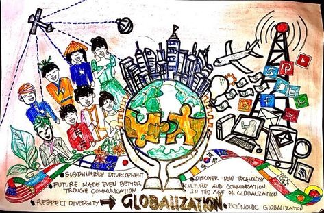 Globalization Drawing Ideas, Impact Of Globalization On Communication Poster, Globalization Pictures, Globalization Poster Ideas Drawing Easy, Globalisasyon Slogan, Globalization Poster Ideas Drawing, Collage About Globalization, Culture And Society Poster, Globalisation Images