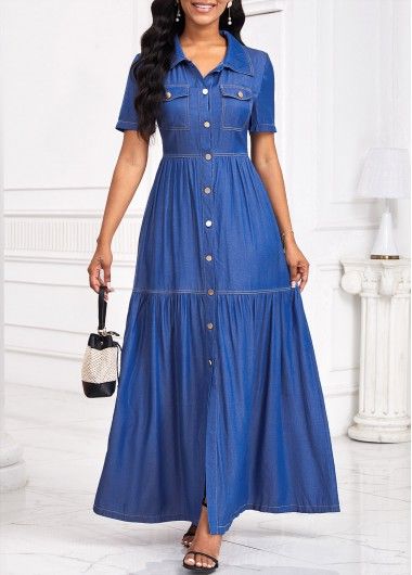 Denim Dress Outfit Summer, Dream Teacher, Shirt Collar Dress, Long Denim Dress, Elegant Dresses Plus Size, Beach Bridesmaid Dresses, Modest Summer, Teen Dress, Denim Maxi Dress